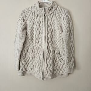 Aran Craft’s 100% Merino Wool Size L Unisex Cable Knit Full Zip Sweater Beige